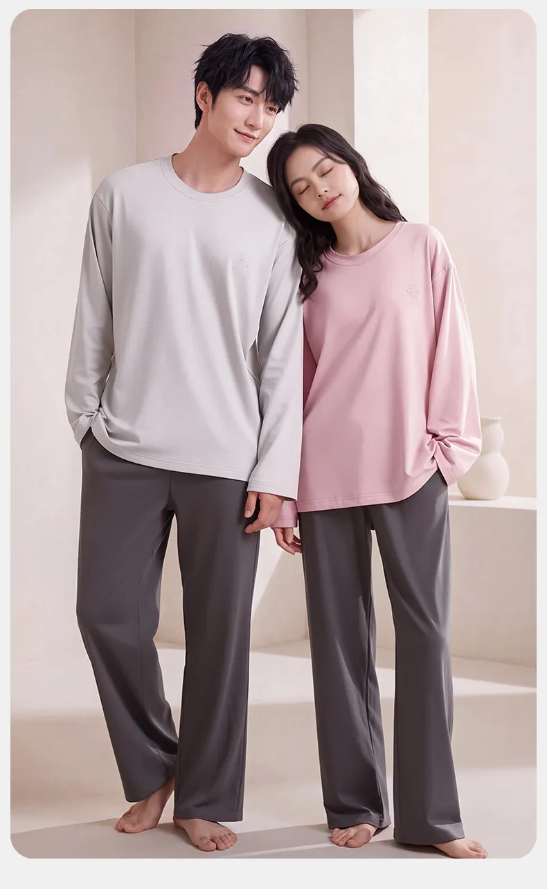 Couple Matching Autumn/Winter Long-Sleeve Stretch Cotton Pajama Set, High-Quality Solid Color Comfortable Loungewear for Men and Women · Wholesale · OEM · Worldwide Shipping - Detail 8