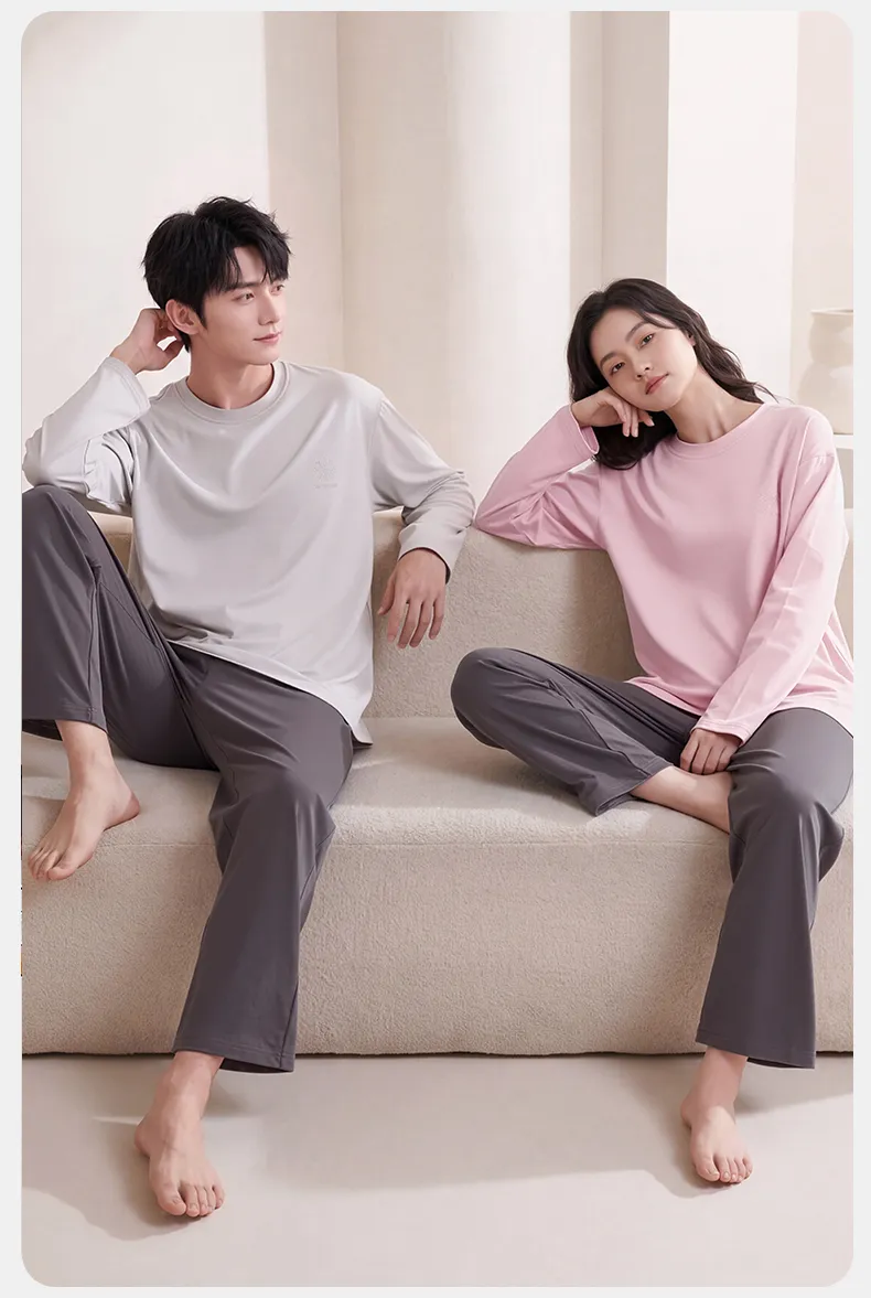 Couple Matching Autumn/Winter Long-Sleeve Stretch Cotton Pajama Set, High-Quality Solid Color Comfortable Loungewear for Men and Women · Wholesale · OEM · Worldwide Shipping - Detail 12