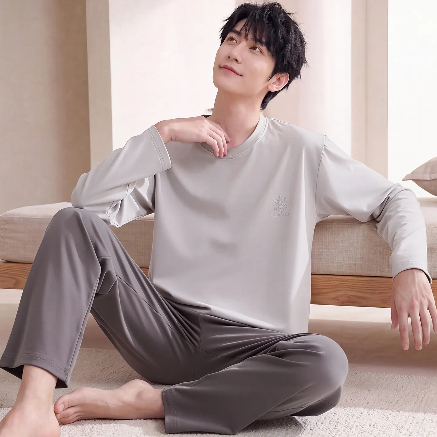 Couple Matching Autumn/Winter Long-Sleeve Stretch Cotton Pajama Set, High-Quality Solid Color Comfortable Loungewear for Men and Women · Wholesale · OEM · Worldwide Shipping - View 3