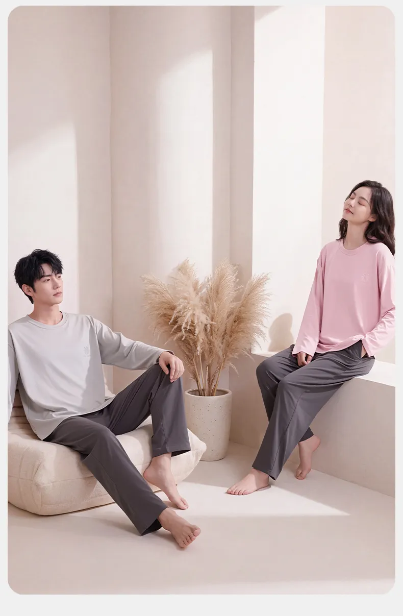 Couple Matching Autumn/Winter Long-Sleeve Stretch Cotton Pajama Set, High-Quality Solid Color Comfortable Loungewear for Men and Women · Wholesale · OEM · Worldwide Shipping - Detail 14