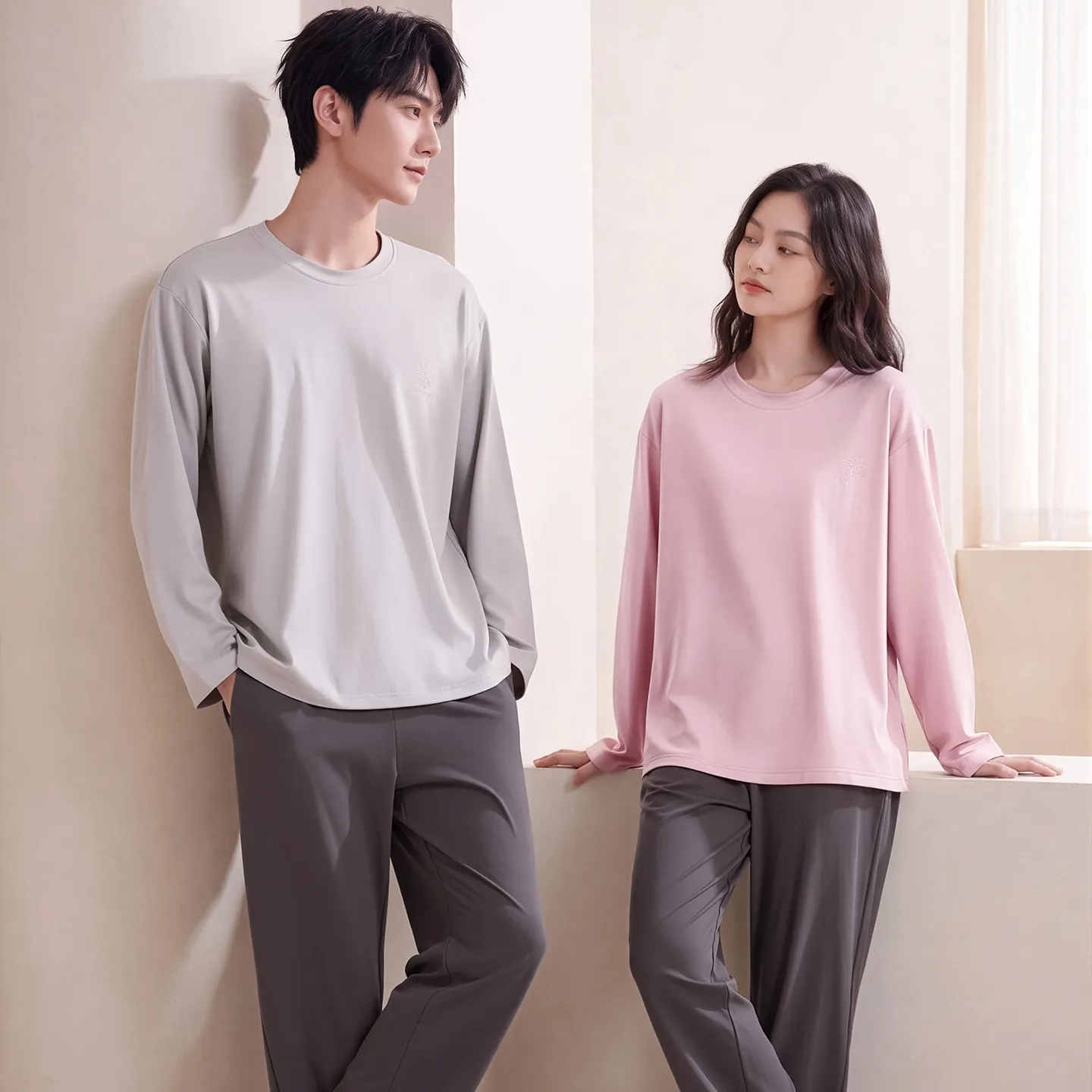 Couple Matching Autumn/Winter Long-Sleeve Stretch Cotton Pajama Set, High-Quality Solid Color Comfortable Loungewear for Men and Women · Wholesale · OEM · Worldwide Shipping - View 1