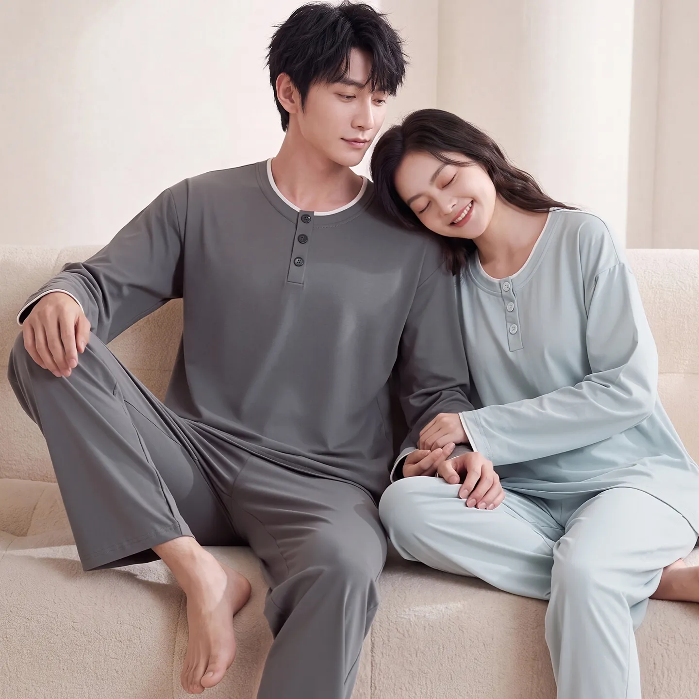 Couple Matching Autumn/Winter Long-Sleeve Stretch Cotton Pajama Set, High-Quality Solid Color Comfortable Loungewear for Men and Women · Wholesale · OEM · Worldwide Shipping - Detail 4