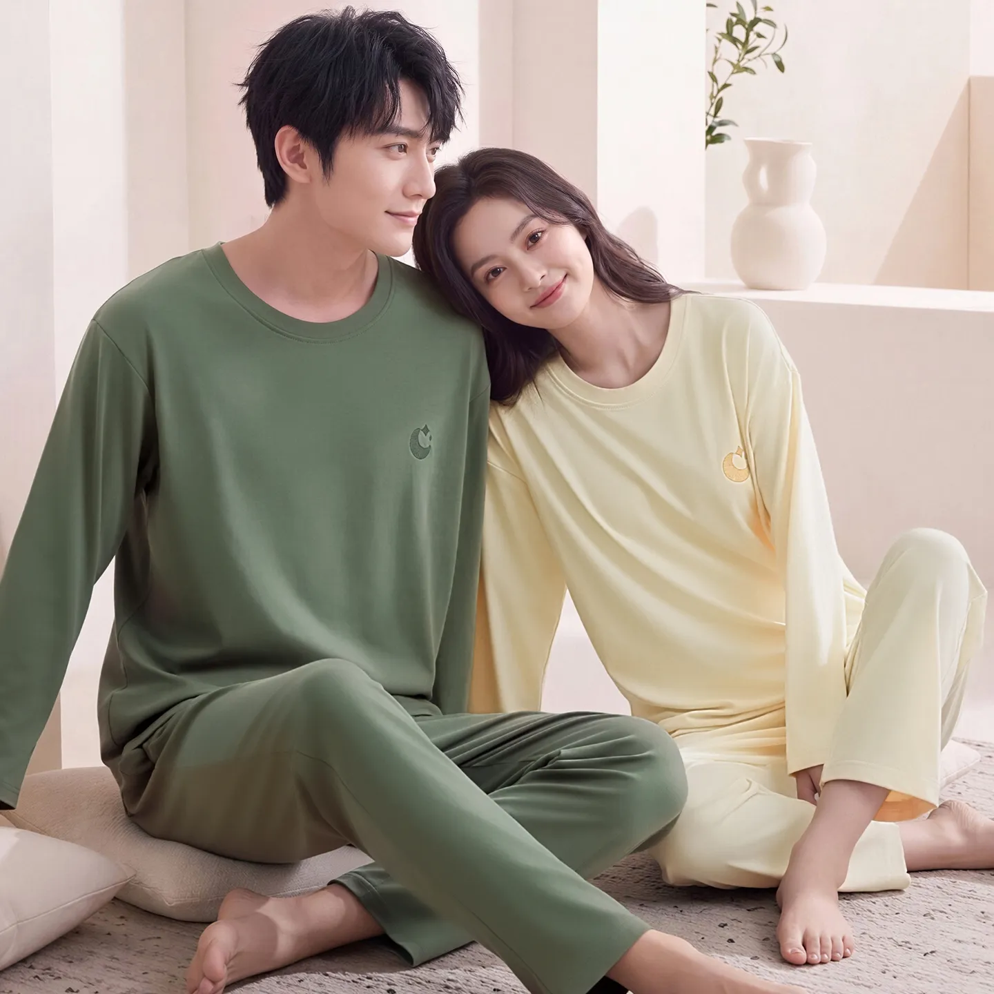 Couple Matching Autumn/Winter Long-Sleeve Stretch Cotton Pajama Set, High-Quality Solid Color Comfortable Loungewear for Men and Women · Wholesale · OEM · Worldwide Shipping - Detail 1