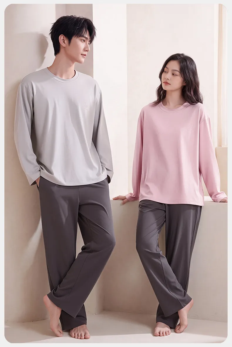 Couple Matching Autumn/Winter Long-Sleeve Stretch Cotton Pajama Set, High-Quality Solid Color Comfortable Loungewear for Men and Women · Wholesale · OEM · Worldwide Shipping - Detail 13