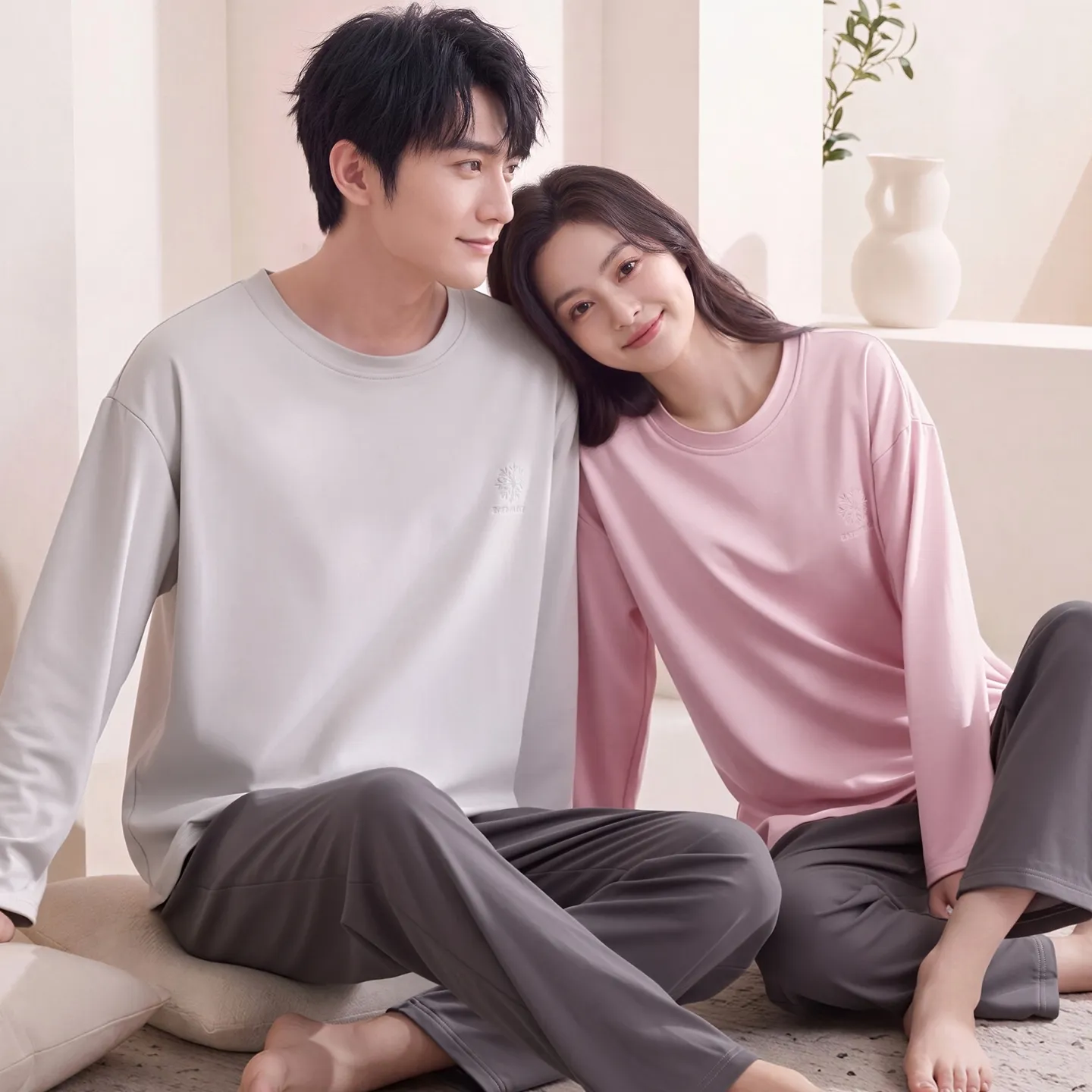Couple Matching Autumn/Winter Long-Sleeve Stretch Cotton Pajama Set, High-Quality Solid Color Comfortable Loungewear for Men and Women · Wholesale · OEM · Worldwide Shipping