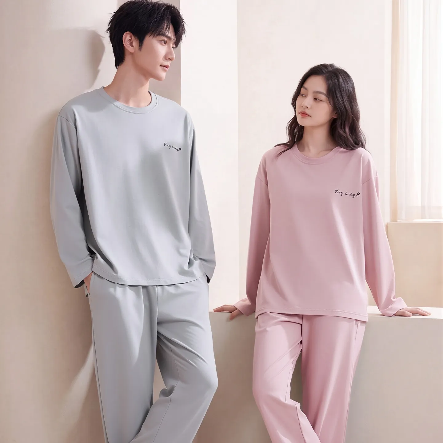 Couple Matching Autumn/Winter Long-Sleeve Stretch Cotton Pajama Set, High-Quality Solid Color Comfortable Loungewear for Men and Women · Wholesale · OEM · Worldwide Shipping - Detail 2