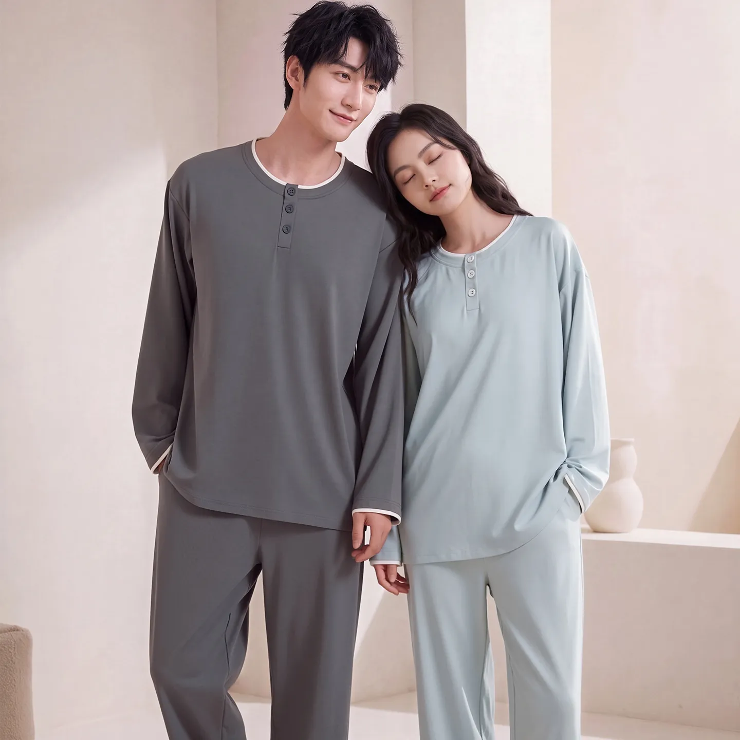 Couple Matching Autumn/Winter Long-Sleeve Stretch Cotton Pajama Set, High-Quality Solid Color Comfortable Loungewear for Men and Women · Wholesale · OEM · Worldwide Shipping - View 1