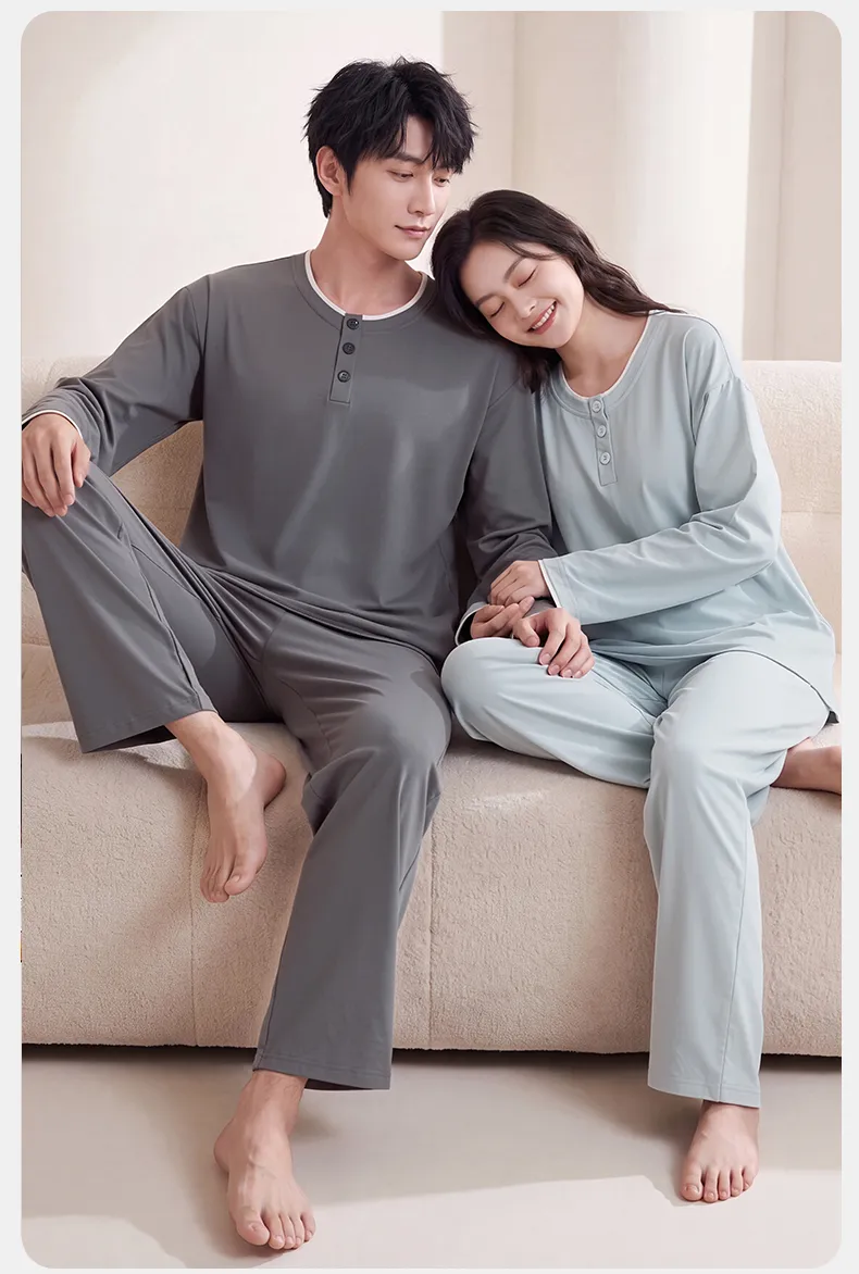 Couple Matching Autumn/Winter Long-Sleeve Stretch Cotton Pajama Set, High-Quality Solid Color Comfortable Loungewear for Men and Women · Wholesale · OEM · Worldwide Shipping - Detail 12