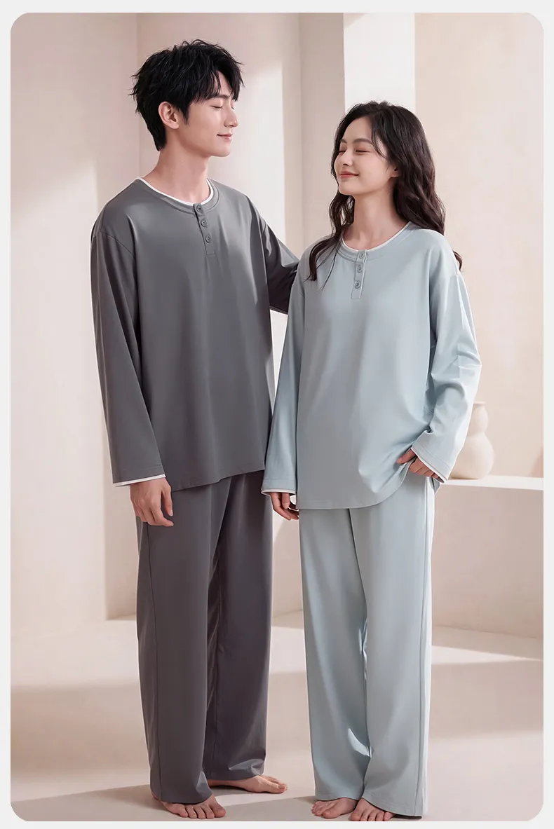 Couple Matching Autumn/Winter Long-Sleeve Stretch Cotton Pajama Set, High-Quality Solid Color Comfortable Loungewear for Men and Women · Wholesale · OEM · Worldwide Shipping - Detail 13