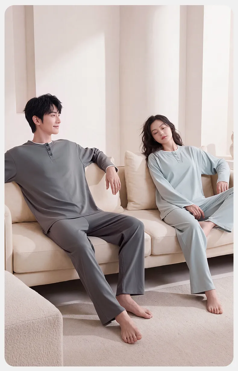 Couple Matching Autumn/Winter Long-Sleeve Stretch Cotton Pajama Set, High-Quality Solid Color Comfortable Loungewear for Men and Women · Wholesale · OEM · Worldwide Shipping - Detail 7