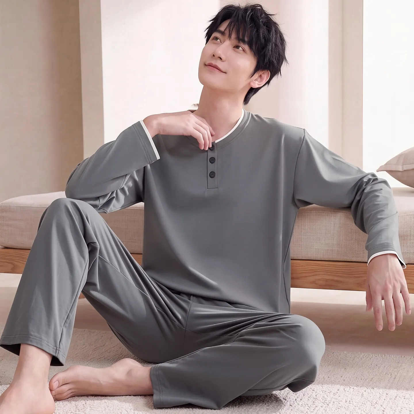 Couple Matching Autumn/Winter Long-Sleeve Stretch Cotton Pajama Set, High-Quality Solid Color Comfortable Loungewear for Men and Women · Wholesale · OEM · Worldwide Shipping - View 3