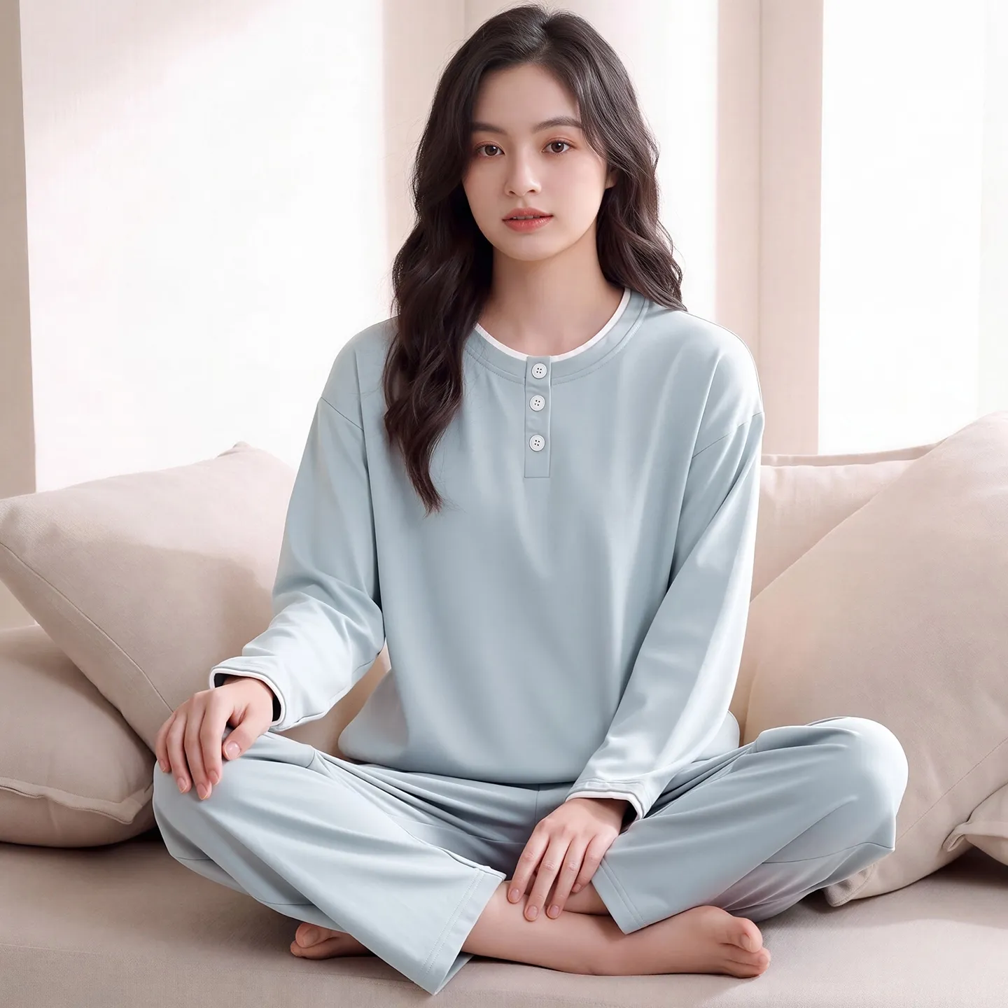 Couple Matching Autumn/Winter Long-Sleeve Stretch Cotton Pajama Set, High-Quality Solid Color Comfortable Loungewear for Men and Women · Wholesale · OEM · Worldwide Shipping - View 2