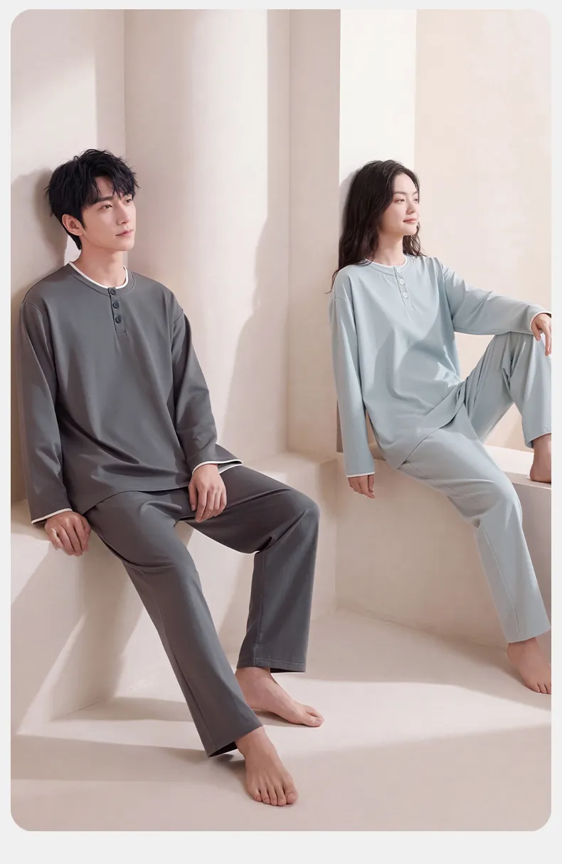 Couple Matching Autumn/Winter Long-Sleeve Stretch Cotton Pajama Set, High-Quality Solid Color Comfortable Loungewear for Men and Women · Wholesale · OEM · Worldwide Shipping - Detail 14