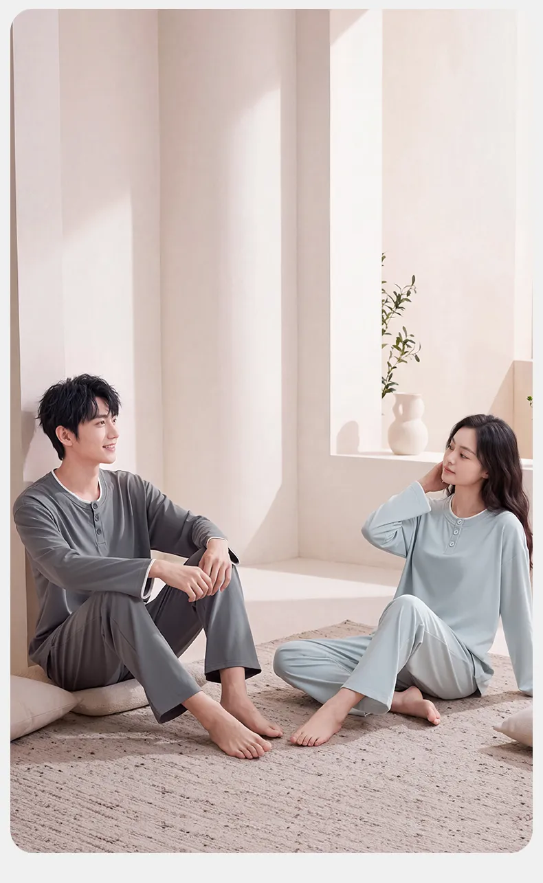 Couple Matching Autumn/Winter Long-Sleeve Stretch Cotton Pajama Set, High-Quality Solid Color Comfortable Loungewear for Men and Women · Wholesale · OEM · Worldwide Shipping - Detail 8