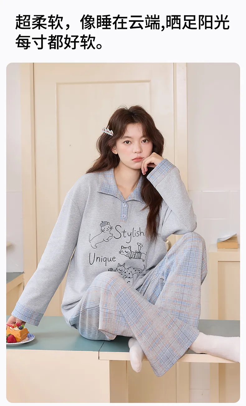 Banban, nouveauté automne hiver, pyjama femme en pur coton lycra, manches longues, avec coussinets, pull, cartoon, décontracté, loungewear femme · Grossiste · OEM · Mondial - Detail 13