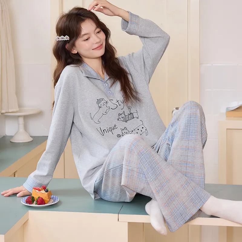Banban, nouveauté automne hiver, pyjama femme en pur coton lycra, manches longues, avec coussinets, pull, cartoon, décontracté, loungewear femme · Grossiste · OEM · Mondial - View 2