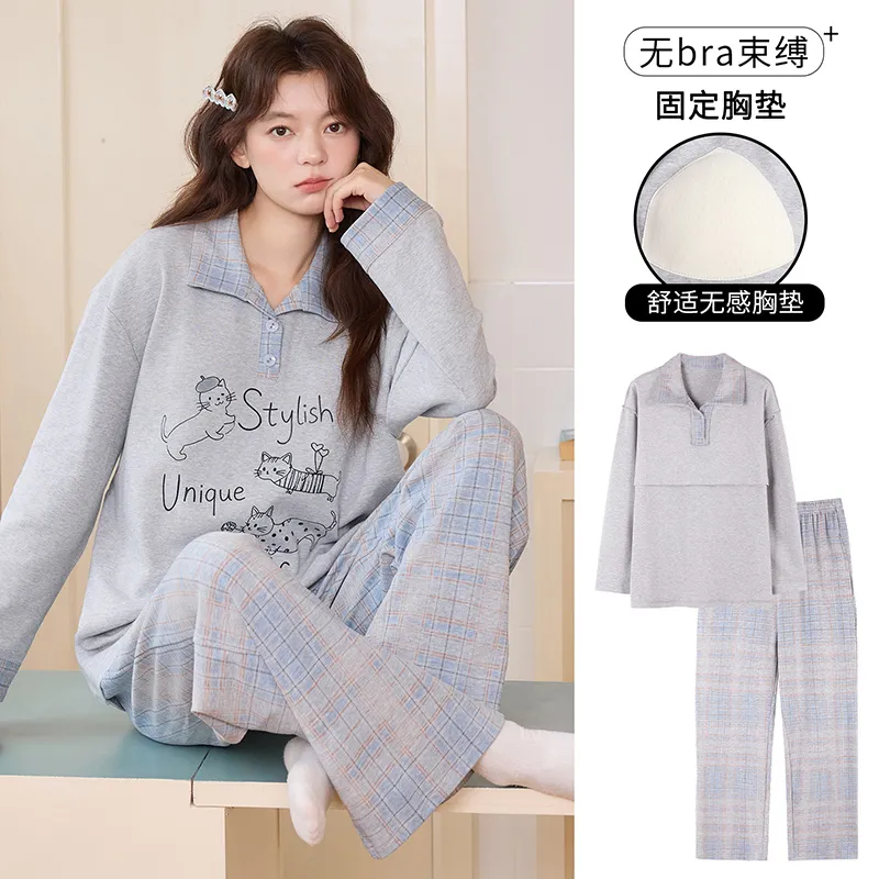 Banban, nouveauté automne hiver, pyjama femme en pur coton lycra, manches longues, avec coussinets, pull, cartoon, décontracté, loungewear femme · Grossiste · OEM · Mondial - View 3