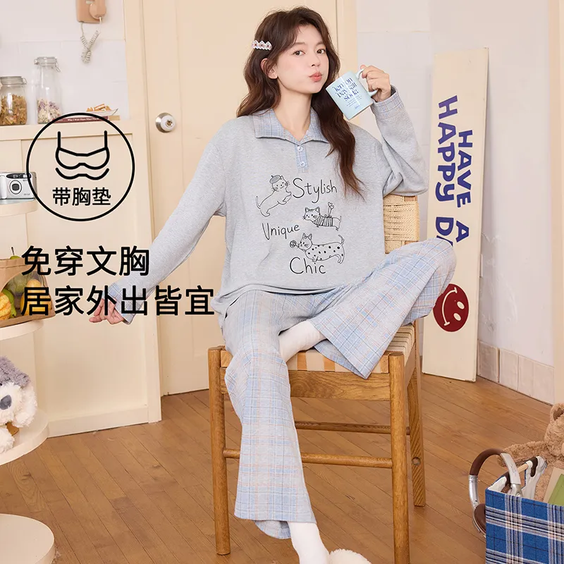 Banban, nouveauté automne hiver, pyjama femme en pur coton lycra, manches longues, avec coussinets, pull, cartoon, décontracté, loungewear femme · Grossiste · OEM · Mondial - View 1