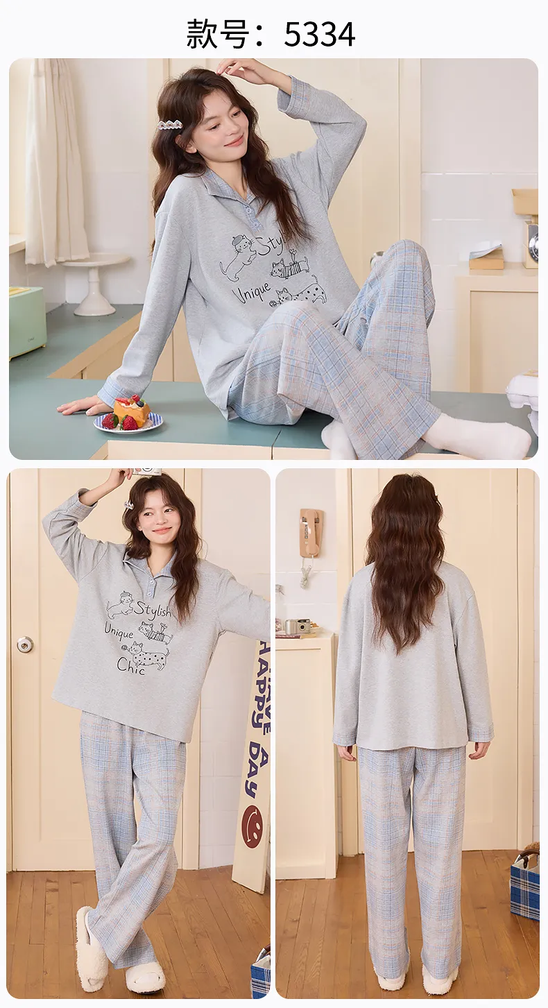 Banban, nouveauté automne hiver, pyjama femme en pur coton lycra, manches longues, avec coussinets, pull, cartoon, décontracté, loungewear femme · Grossiste · OEM · Mondial - Detail 14