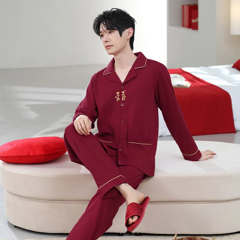 가을겨울 신상품 면모사 파자마 커플 웨딩 여성 파자마 빅레드 남성 파자마 본명년 홈웨어 세트 · 도매 · OEM · 전 세계 배송 - Detail 1