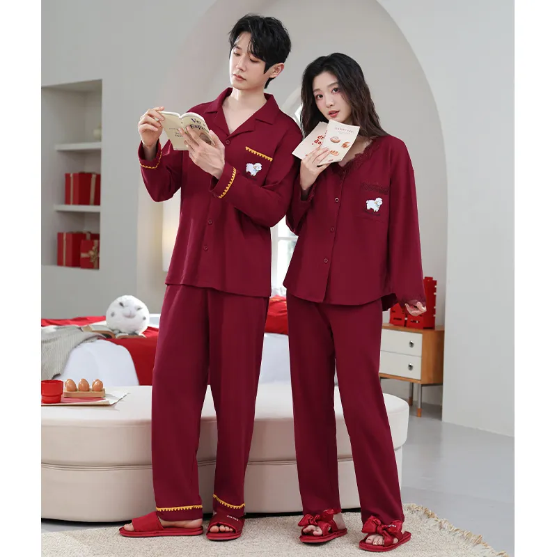 가을겨울 신상품 면모사 파자마 커플 웨딩 여성 파자마 빅레드 남성 파자마 본명년 홈웨어 세트 · 도매 · OEM · 전 세계 배송 - View 4