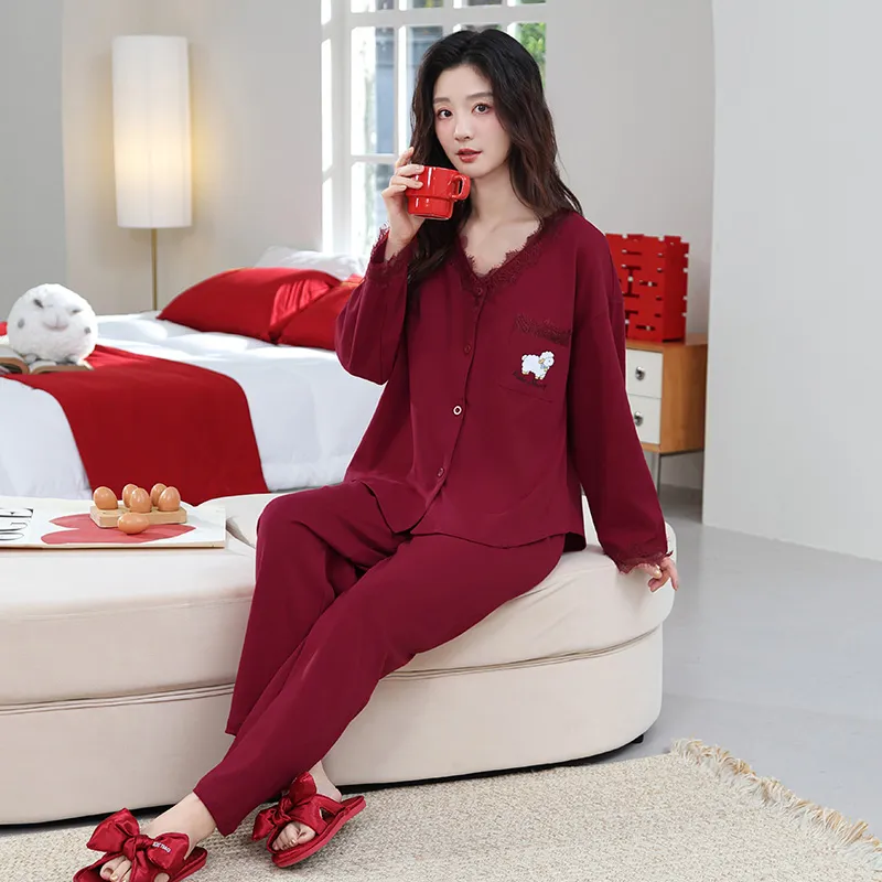 가을겨울 신상품 면모사 파자마 커플 웨딩 여성 파자마 빅레드 남성 파자마 본명년 홈웨어 세트 · 도매 · OEM · 전 세계 배송 - View 2