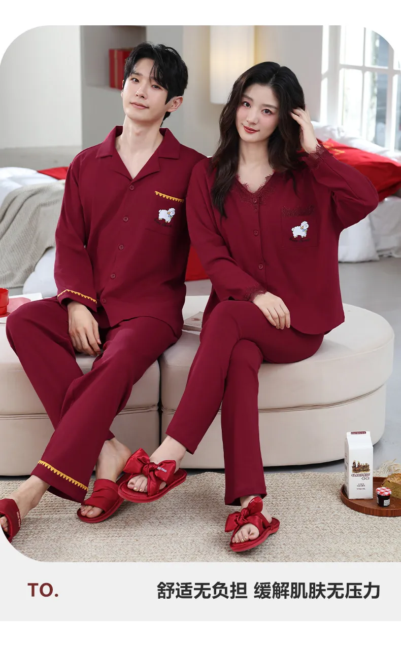 가을겨울 신상품 면모사 파자마 커플 웨딩 여성 파자마 빅레드 남성 파자마 본명년 홈웨어 세트 · 도매 · OEM · 전 세계 배송 - Detail 11