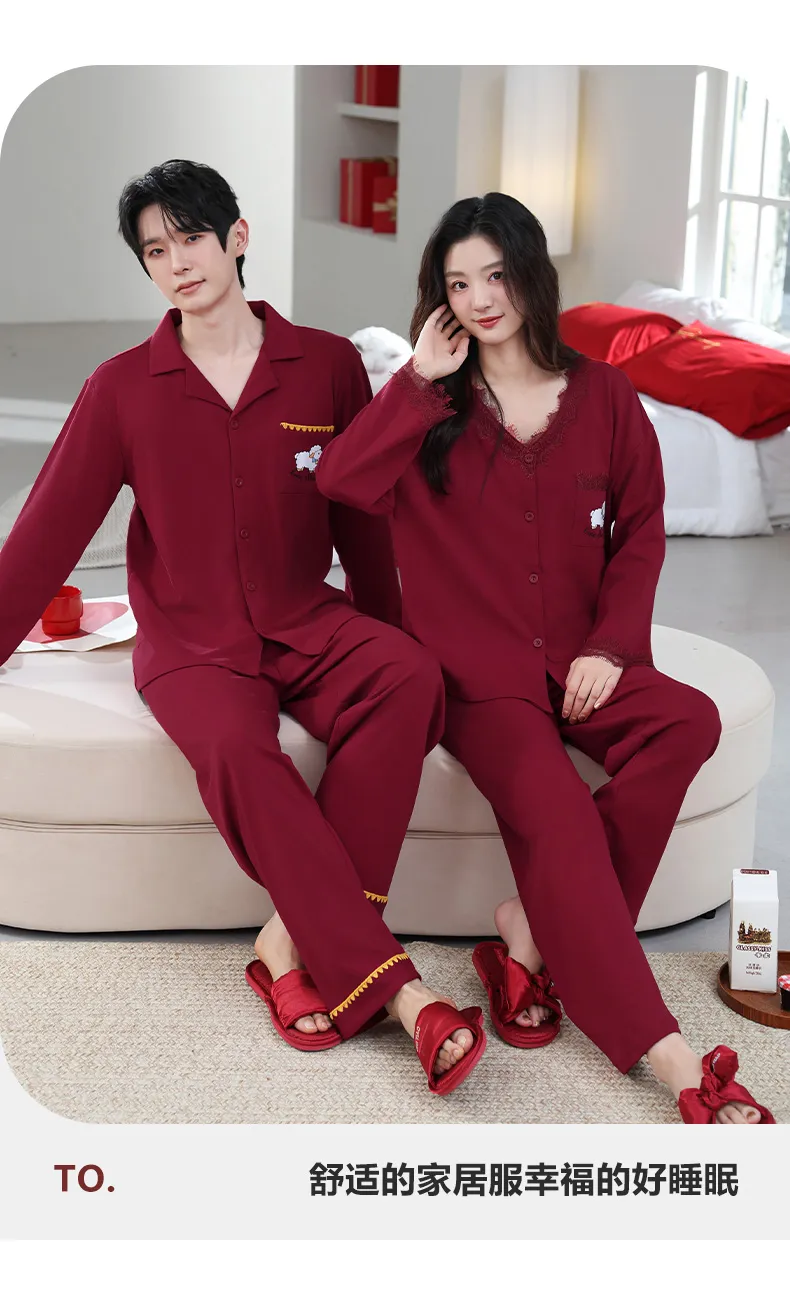 가을겨울 신상품 면모사 파자마 커플 웨딩 여성 파자마 빅레드 남성 파자마 본명년 홈웨어 세트 · 도매 · OEM · 전 세계 배송 - Detail 10