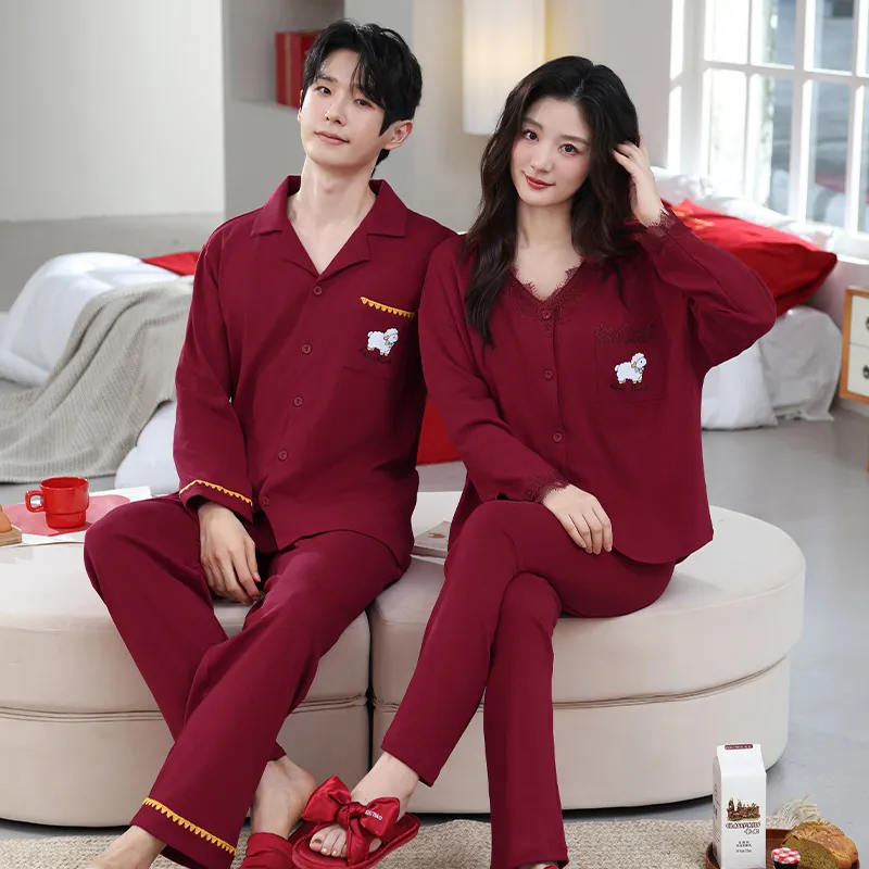 가을겨울 신상품 면모사 파자마 커플 웨딩 여성 파자마 빅레드 남성 파자마 본명년 홈웨어 세트 · 도매 · OEM · 전 세계 배송 - View 1