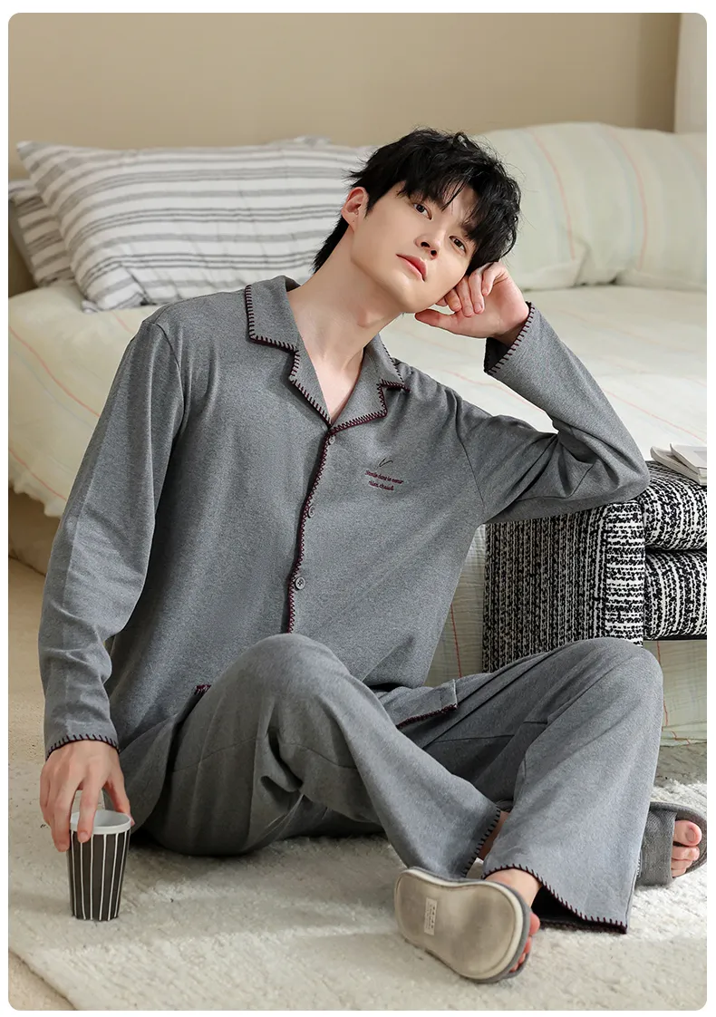 Men's Pure Cotton Pajama Set, Long Sleeve Cardigan with Lapel Collar and Long Pants, Minimalist Casual Autumn/Winter Wearable-Outside Loungewear · Wholesale · OEM · Worldwide Shipping - Detail 17