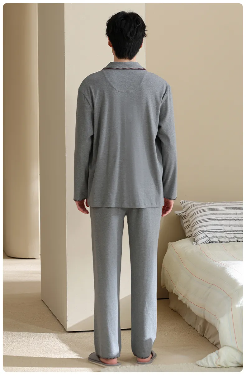 Men's Pure Cotton Pajama Set, Long Sleeve Cardigan with Lapel Collar and Long Pants, Minimalist Casual Autumn/Winter Wearable-Outside Loungewear · Wholesale · OEM · Worldwide Shipping - Detail 19