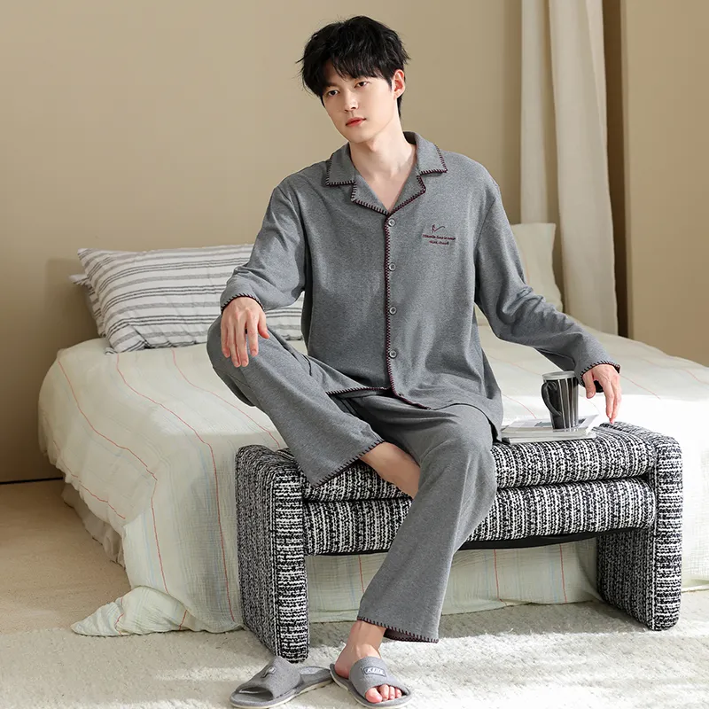 Men's Pure Cotton Pajama Set, Long Sleeve Cardigan with Lapel Collar and Long Pants, Minimalist Casual Autumn/Winter Wearable-Outside Loungewear · Wholesale · OEM · Worldwide Shipping - View 3