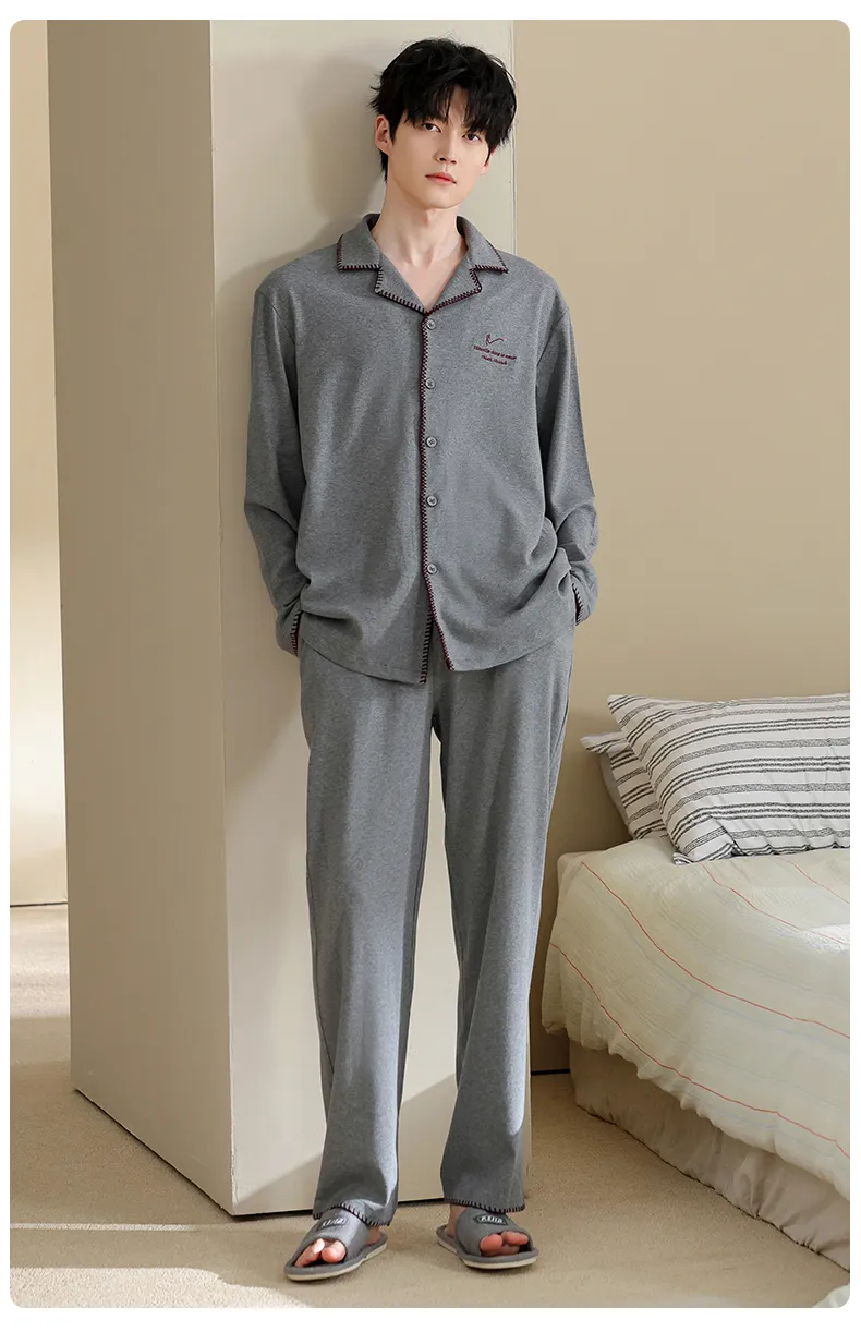 Men's Pure Cotton Pajama Set, Long Sleeve Cardigan with Lapel Collar and Long Pants, Minimalist Casual Autumn/Winter Wearable-Outside Loungewear · Wholesale · OEM · Worldwide Shipping - Detail 18