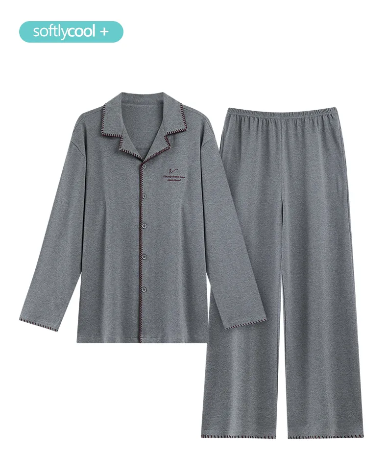 Men's Pure Cotton Pajama Set, Long Sleeve Cardigan with Lapel Collar and Long Pants, Minimalist Casual Autumn/Winter Wearable-Outside Loungewear · Wholesale · OEM · Worldwide Shipping - Detail 10