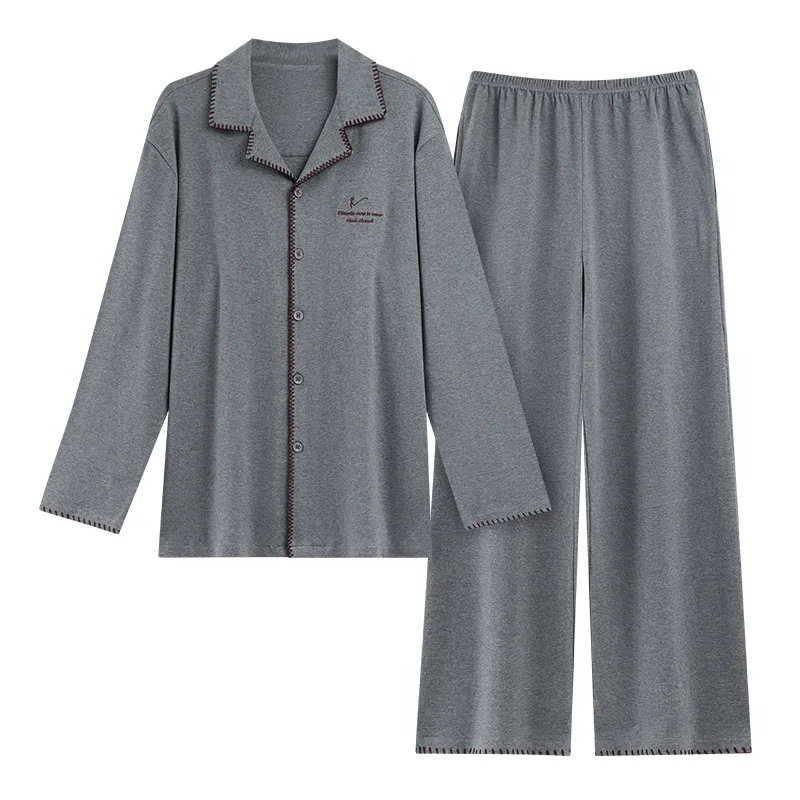 Men's Pure Cotton Pajama Set, Long Sleeve Cardigan with Lapel Collar and Long Pants, Minimalist Casual Autumn/Winter Wearable-Outside Loungewear · Wholesale · OEM · Worldwide Shipping - View 4