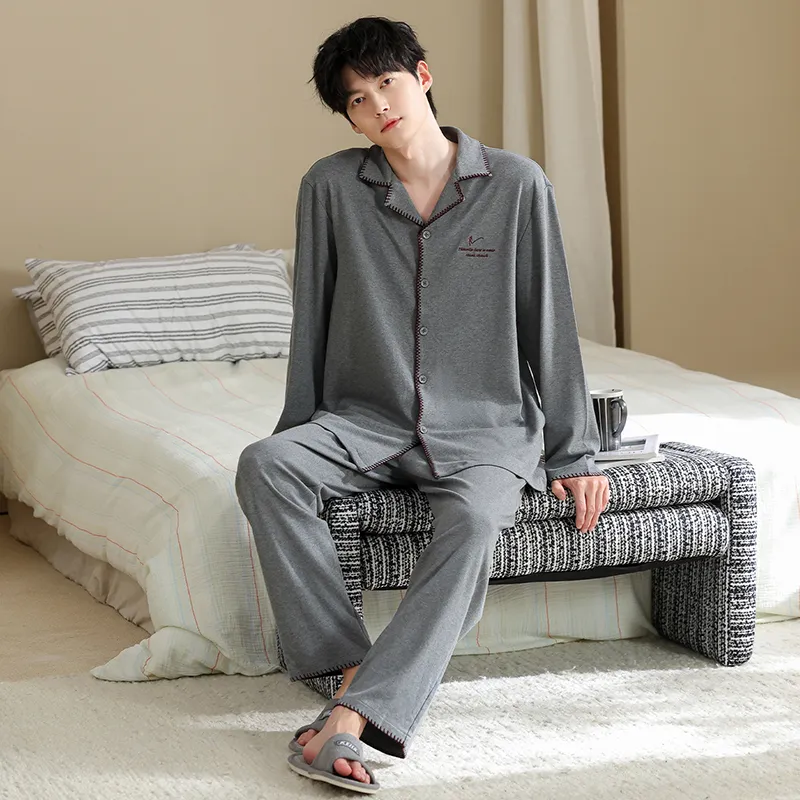 Men's Pure Cotton Pajama Set, Long Sleeve Cardigan with Lapel Collar and Long Pants, Minimalist Casual Autumn/Winter Wearable-Outside Loungewear · Wholesale · OEM · Worldwide Shipping - View 2