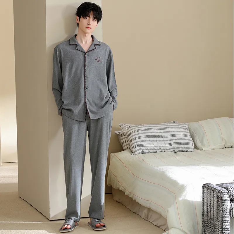 Men's Pure Cotton Pajama Set, Long Sleeve Cardigan with Lapel Collar and Long Pants, Minimalist Casual Autumn/Winter Wearable-Outside Loungewear · Wholesale · OEM · Worldwide Shipping - View 1