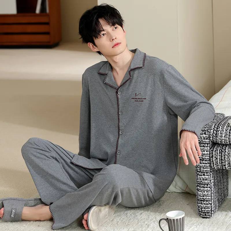 Men's Pure Cotton Pajama Set, Long Sleeve Cardigan with Lapel Collar and Long Pants, Minimalist Casual Autumn/Winter Wearable-Outside Loungewear · Wholesale · OEM · Worldwide Shipping