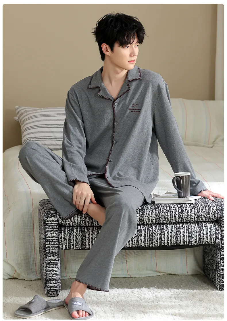 Men's Pure Cotton Pajama Set, Long Sleeve Cardigan with Lapel Collar and Long Pants, Minimalist Casual Autumn/Winter Wearable-Outside Loungewear · Wholesale · OEM · Worldwide Shipping - Detail 16