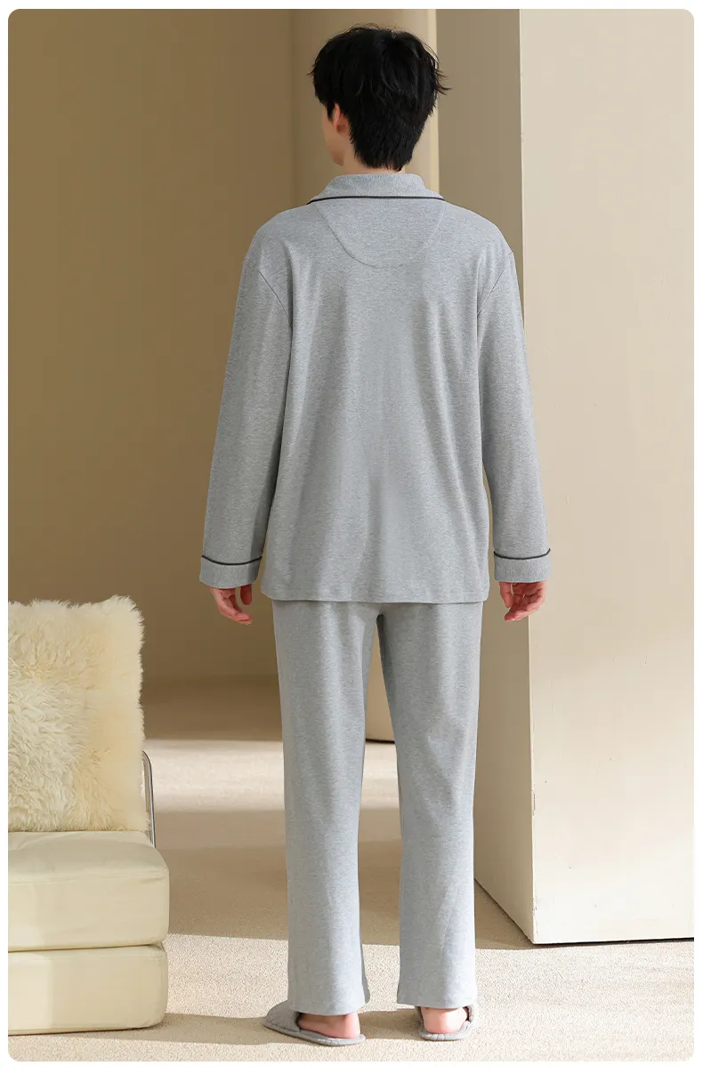 Men's Pure Cotton Pajama Set, Long Sleeve Cardigan with Lapel Collar and Long Pants, Minimalist Casual Autumn/Winter Wearable-Outside Loungewear · Wholesale · OEM · Worldwide Shipping - Detail 18