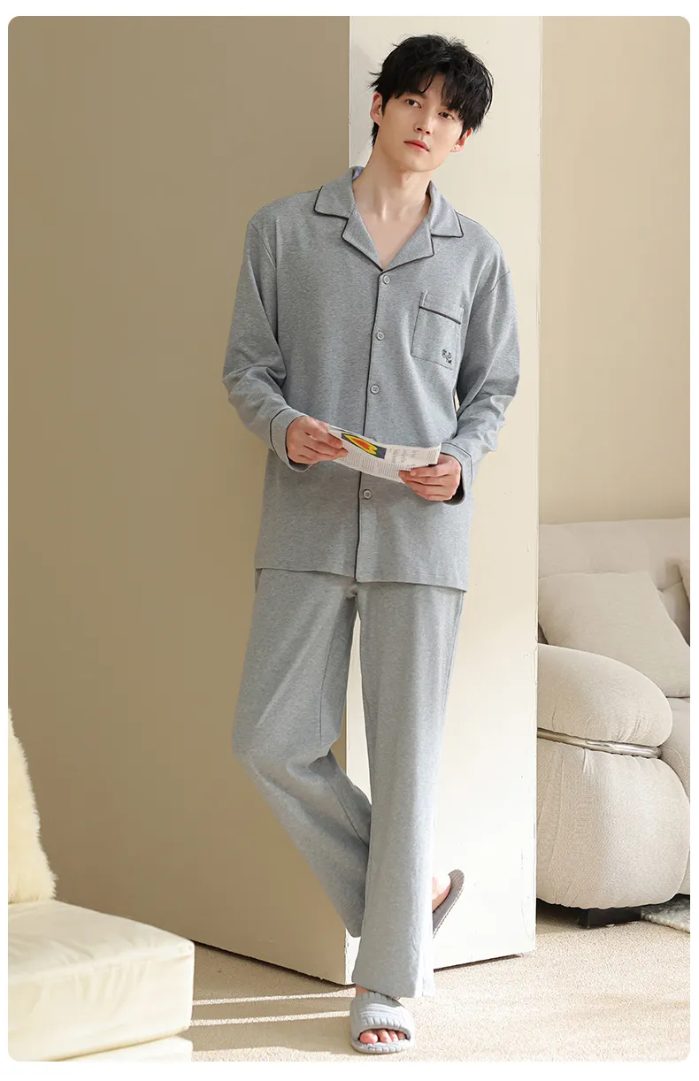 Men's Pure Cotton Pajama Set, Long Sleeve Cardigan with Lapel Collar and Long Pants, Minimalist Casual Autumn/Winter Wearable-Outside Loungewear · Wholesale · OEM · Worldwide Shipping - Detail 17