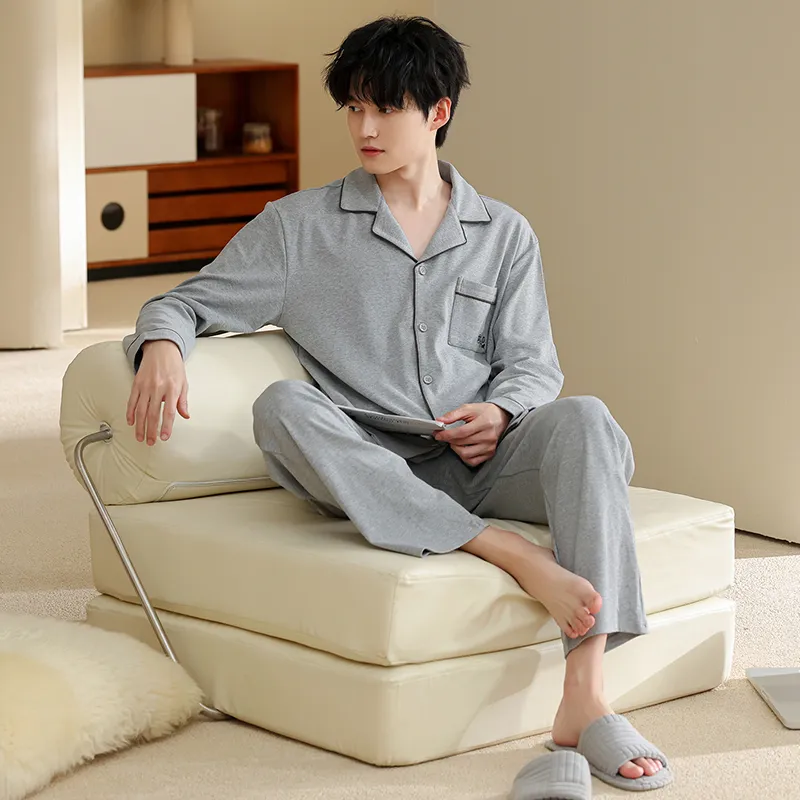 Men's Pure Cotton Pajama Set, Long Sleeve Cardigan with Lapel Collar and Long Pants, Minimalist Casual Autumn/Winter Wearable-Outside Loungewear · Wholesale · OEM · Worldwide Shipping - View 3