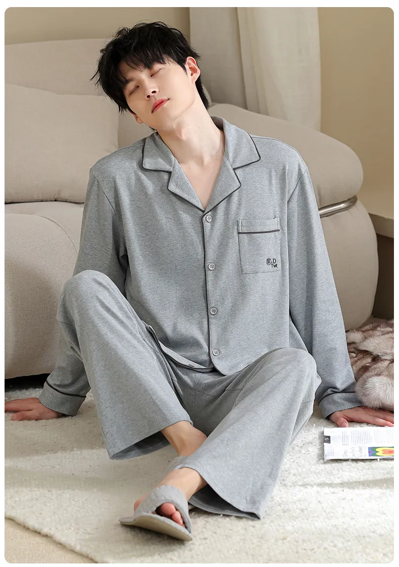 Men's Pure Cotton Pajama Set, Long Sleeve Cardigan with Lapel Collar and Long Pants, Minimalist Casual Autumn/Winter Wearable-Outside Loungewear · Wholesale · OEM · Worldwide Shipping - Detail 16