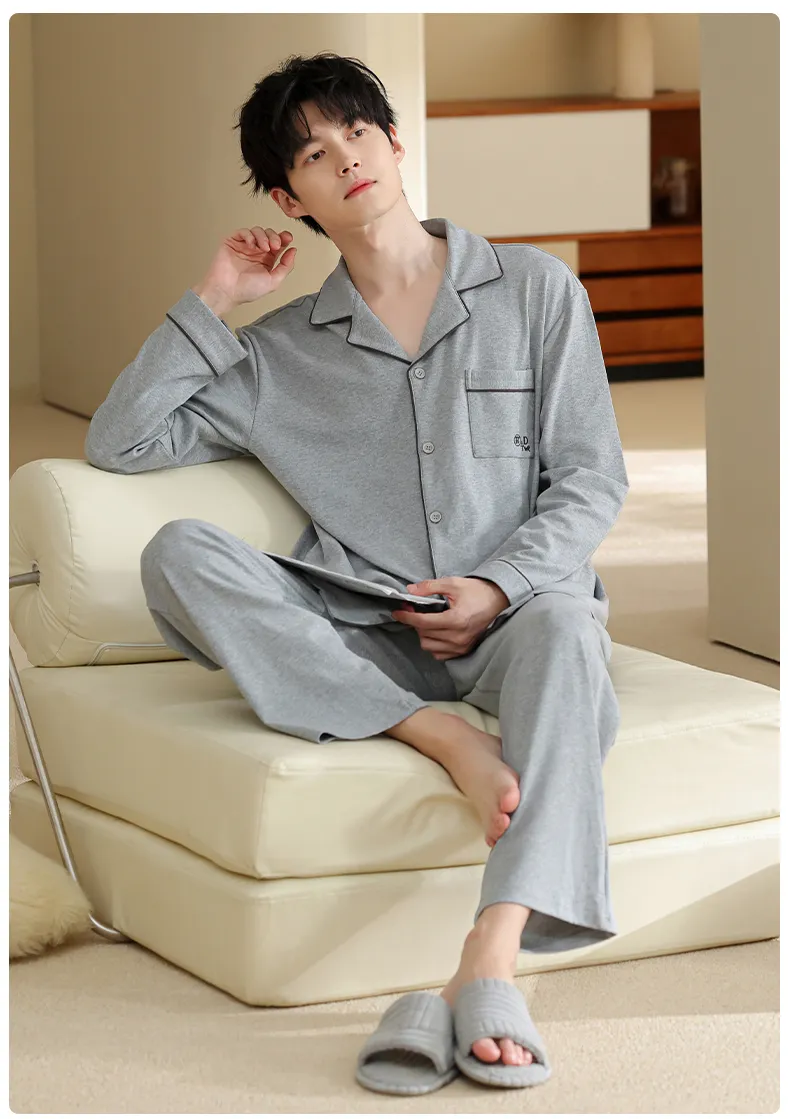 Men's Pure Cotton Pajama Set, Long Sleeve Cardigan with Lapel Collar and Long Pants, Minimalist Casual Autumn/Winter Wearable-Outside Loungewear · Wholesale · OEM · Worldwide Shipping - Detail 15