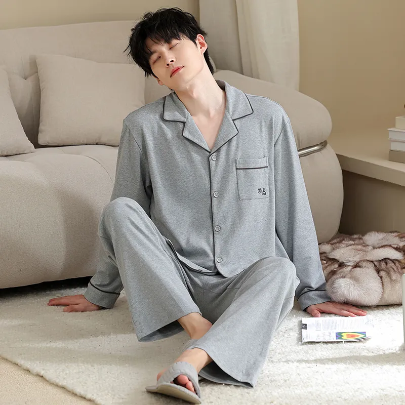 Men's Pure Cotton Pajama Set, Long Sleeve Cardigan with Lapel Collar and Long Pants, Minimalist Casual Autumn/Winter Wearable-Outside Loungewear · Wholesale · OEM · Worldwide Shipping - View 1