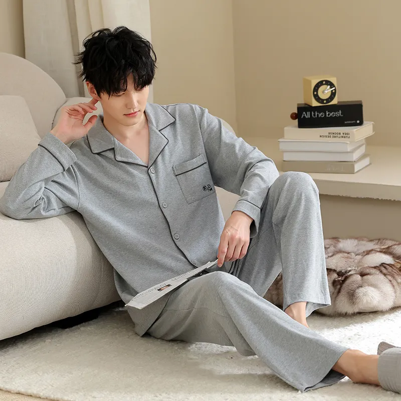 Men's Pure Cotton Pajama Set, Long Sleeve Cardigan with Lapel Collar and Long Pants, Minimalist Casual Autumn/Winter Wearable-Outside Loungewear · Wholesale · OEM · Worldwide Shipping - View 2