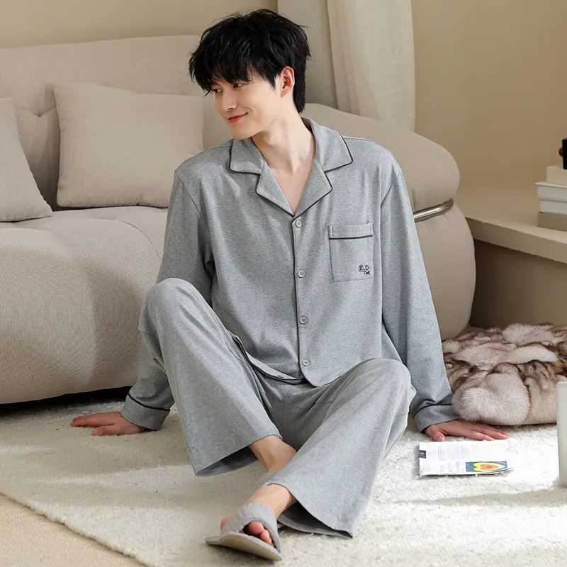 Men's Pure Cotton Pajama Set, Long Sleeve Cardigan with Lapel Collar and Long Pants, Minimalist Casual Autumn/Winter Wearable-Outside Loungewear · Wholesale · OEM · Worldwide Shipping