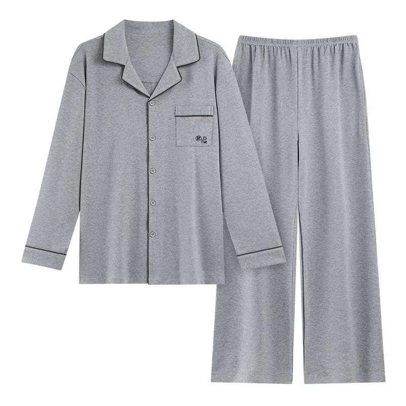 Men's Pure Cotton Pajama Set, Long Sleeve Cardigan with Lapel Collar and Long Pants, Minimalist Casual Autumn/Winter Wearable-Outside Loungewear · Wholesale · OEM · Worldwide Shipping - View 4