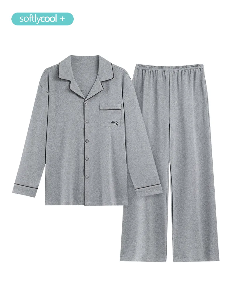 Men's Pure Cotton Pajama Set, Long Sleeve Cardigan with Lapel Collar and Long Pants, Minimalist Casual Autumn/Winter Wearable-Outside Loungewear · Wholesale · OEM · Worldwide Shipping - Detail 9