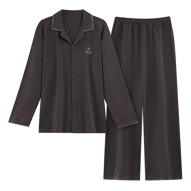 Men's Pure Cotton Pajama Set, Long Sleeve Cardigan with Lapel Collar and Long Pants, Minimalist Casual Autumn/Winter Wearable-Outside Loungewear · Wholesale · OEM · Worldwide Shipping - View 4